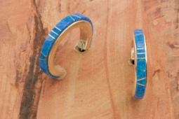 Calvin Begay Fire and Ice Blue Opal Sterling Silver Hoop Earrings